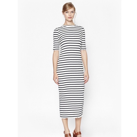 french connection striped bodycon dress French Connection Cotton ribbed striped short sleeve bodycon midi dress in  white